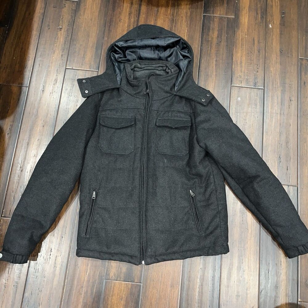 BLACK Wool Blend Black Coat Men's Sz M Hooded Full Zip